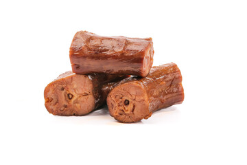 Hand-torn marinated duck neck pieces with absolute rich flavor isolated on white background