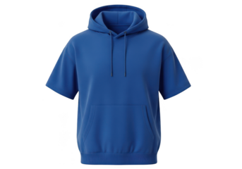 Blue short sleeve hoodie with front pocket and drawstring hood, isolated isolated on transparent background