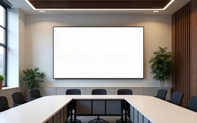 mock up tv screen in meeting room interior background. High quality