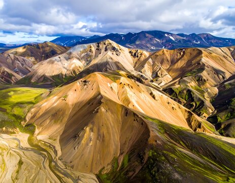 Breathtaking aerial view of the colorful rhyolite mountains in Landmannalaugar, Iceland.