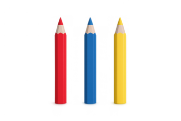 Three primary color pencils standing, colorful art supplies for drawing, learning, and creativity, transparent background