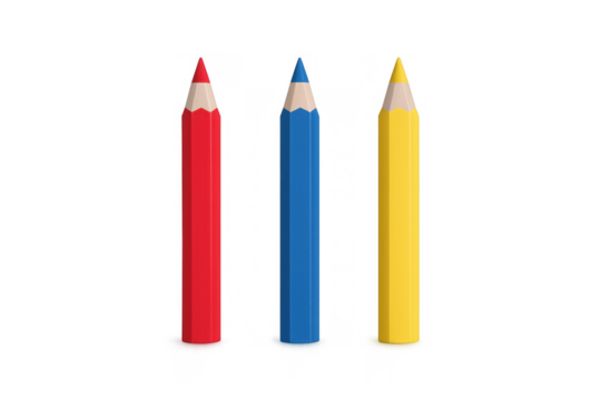Three primary color pencils standing, colorful art supplies for drawing, learning, and creativity, transparent background