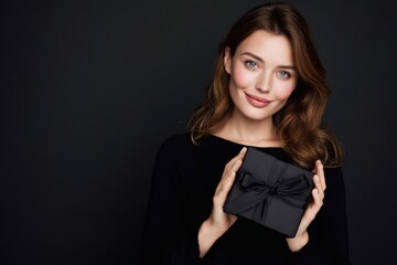 Beautiful Woman Holding Black Gift Box with Elegant Smile