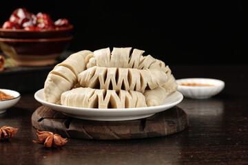 Handmade Spiced Gluten Skewers Traditional Shaanxi Chinese Street Food on Wooden Table