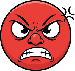 Angry red emoji face, furious expression cartoon illustration, rage emoticon artwork, emotional reaction icon, aggressive mood character design