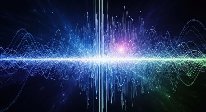 Fluorescent frequency spectrum visuals showcasing audio wave oscillation on dark backdrops