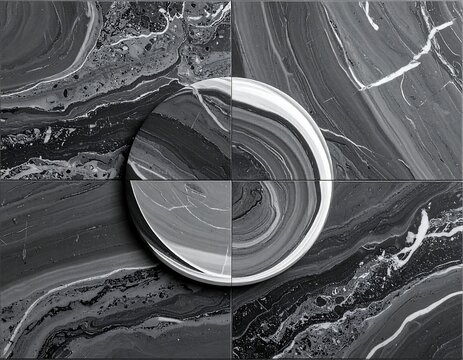 Black and grey marble tile arrangement, central circle design