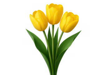 Three yellow tulips standing upright, forming a fresh bouquet, symbolizing spring, nature, and beauty on a transparent background