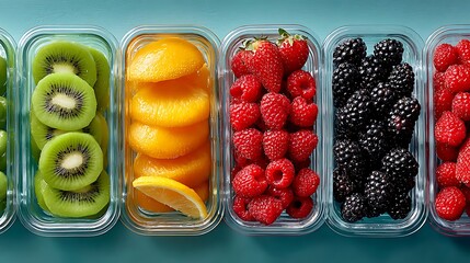 Assortment of fresh berries and sliced kiwi and lemon in containers fruit strawberry