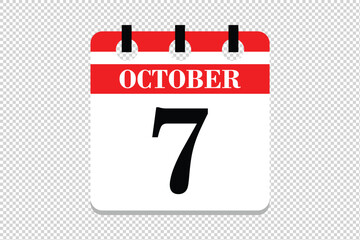 7 October Calendar icon vector, 7 dates of October month calendar icon, dates of October 7 icon calendar, vector calendar icon.