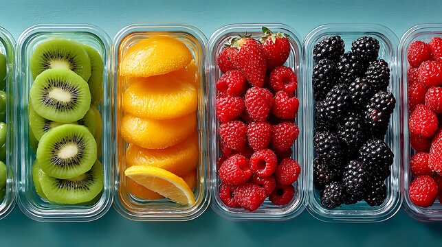 Assortment of fresh berries and sliced kiwi and lemon in containers fruit strawberry