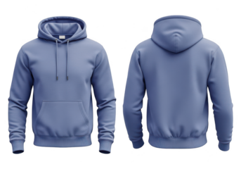 Front and back view of a periwinkle blue hoodie with a front pocket and hood isolated on transparent background