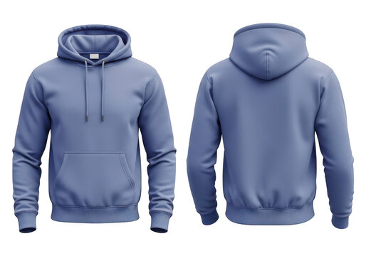 Front and back view of a periwinkle blue hoodie with a front pocket and hood isolated on transparent background