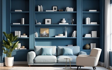 Close-Up Zoom Virtual Background with Beautiful Blue Modern Home Office Wall Shelving: Steady, Composed, Luxurious and Classic Cozy Interior Living Room Backdrop for Virtual Meetings. High quality