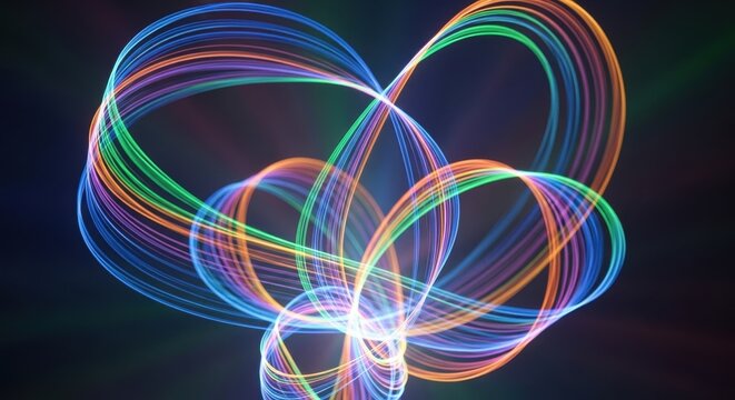 Mesmerizing intertwining ribbons of radiant colors, an ethereal symphony on dark canvas backdrop