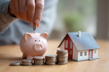 Person Depositing Coin in Piggy Bank Next to House Model and Coins