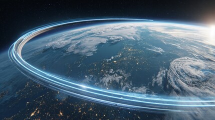 Stunning view of Earth from space with glowing data streams orbiting, showcasing global connectivity and advanced technology solutions worldwide