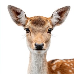 Fototapeta premium Front view of adorable baby deer standing on a clean white background, ultra-high-quality studio shot, showcasing detailed fur texture, innocence and wildlife nature concepts.