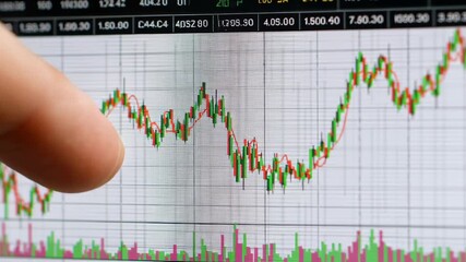 Close-up of a finger pointing at a fluctuating financial stock market graph displayed on a digital screen, showing investment trends. - Powered by Adobe