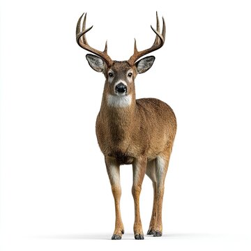 Full body white tailed deer standing on white background, realistic wildlife depiction highlighting natural beauty, antlers, elegant posture and detailed animal features.