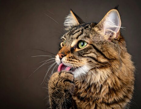 Cat grooming its paw, brown tabby with green eyes - Powered by Adobe