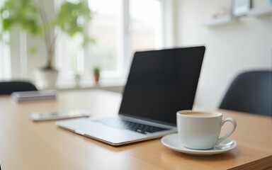 minimalistic setup with laptop and coffee cup suggesting video conferencing in home office environment. High quality