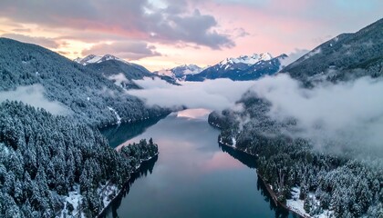 Aerial view of a glacial lake, flanked by snow-covered fir trees and majestic mountains at sunset, shrouded in mist
