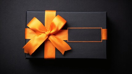 Elegant Black Gift Box with Orange Ribbon on Dark Surface