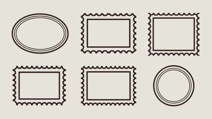 Oval and rectangular postage stamp frames with perforated edges border rectangle