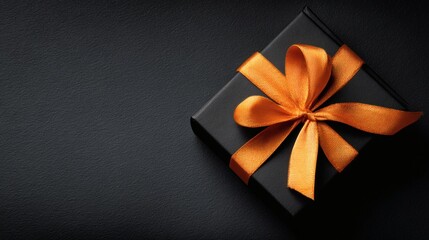 Elegant Black Gift Box with Orange Ribbon on Dark Background