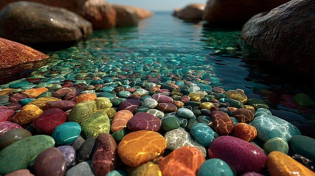Colorful Smooth Pebbles Underwater With Clear Water And Rocks stones