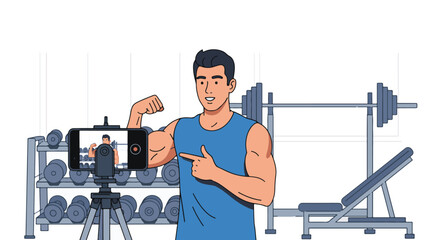 Fit male vlogger creating engaging online fitness content in a gym, showcasing his bicep and promoting a healthy lifestyle while recording with a smartphone