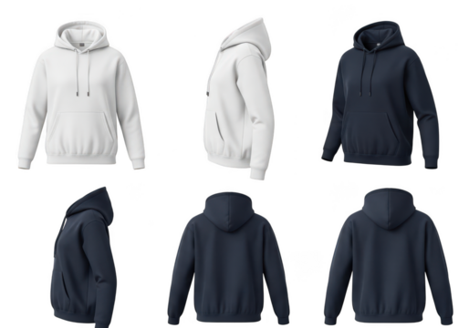 White and navy blue hoodies displayed from multiple angles, studio shot isolated on transparent background