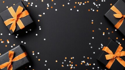 Elegant Black Gift Boxes with Orange Ribbons and Confetti Background