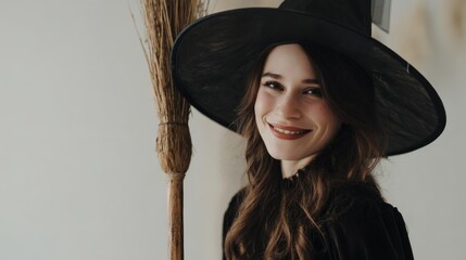 Enchanting Woman in Witch Hat Holding Broomstick with a Smile