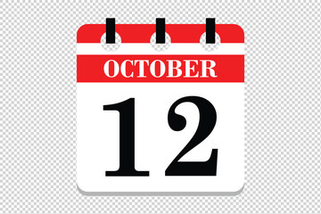12 October Calendar icon vector, 12 dates of October month calendar icon, dates of October 12 icon calendar, vector calendar icon.