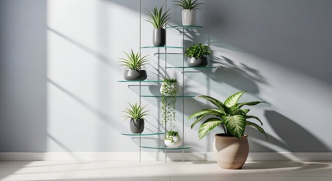 Indoor Plant Display with Natural Light and Shadow.