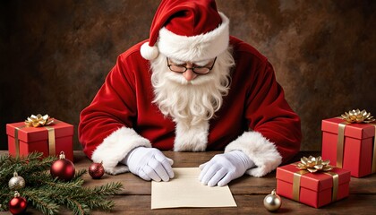 Santa Claus Writing a Letter Surrounded by Holiday Gifts and Decor