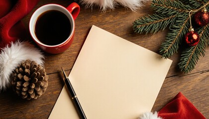 Cozy Christmas Atmosphere with Coffee, Pine, and Blank Paper