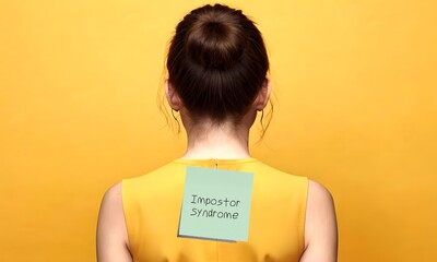Young woman with yellow label on back  IMPOSTOR SYNDROME,  people with self-doubt, feel less capable than the people around -  fear of failure and other will find out a fake