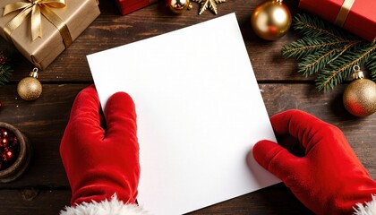 Close Up of Blank White Paper Held by Santa Against Holiday Decor