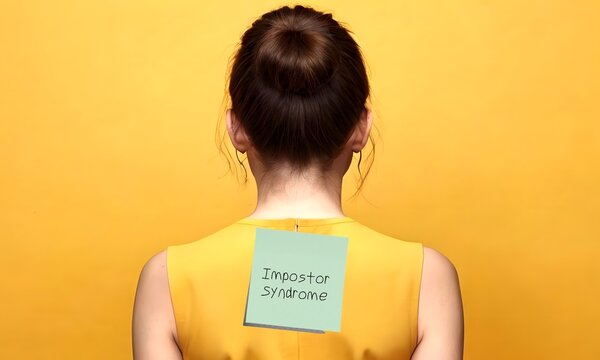 Young woman with yellow label on back  IMPOSTOR SYNDROME,  people with self-doubt, feel less capable than the people around -  fear of failure and other will find out a fake