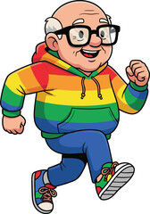 Cartoon elderly man jogging, rainbow hoodie character, happy senior runner illustration, colorful outfit design, active lifestyle, cheerful animation