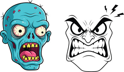 Cartoon zombie head illustration, creepy undead character art, angry face expression graphic, horror monster design, emotional rage drawing