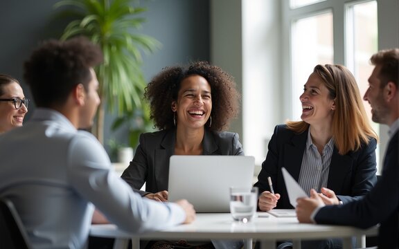 Diverse group of businesspeople laughing together during an office meeting. High quality