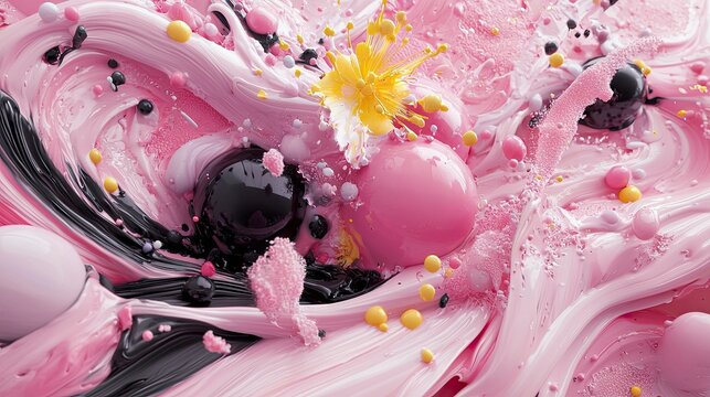 A vibrant, abstract composition featuring swirling textures of pink and white viscous liquids, interspersed with glossy black spheres, small yellow droplets, an