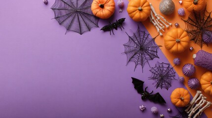 Colorful Halloween Decorations with Pumpkins and Spiders on Purple