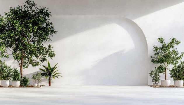 A minimalist interior scene featuring several potted green trees and plants arranged along a textured white wall with a large arched opening. Sunlight casts dra