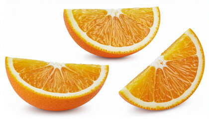 Fototapeta premium Three vibrant, juicy orange wedges arranged dynamically. Studio shot emphasizing the bright color and texture of the citrus fruit, isolated on a white background.