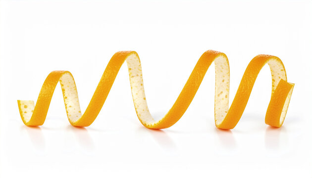 A vibrant, continuous strip of orange peel gracefully coiled into a helix shape, reflecting on a white surface. Ideal for aromatic and cocktail garnishing themes.